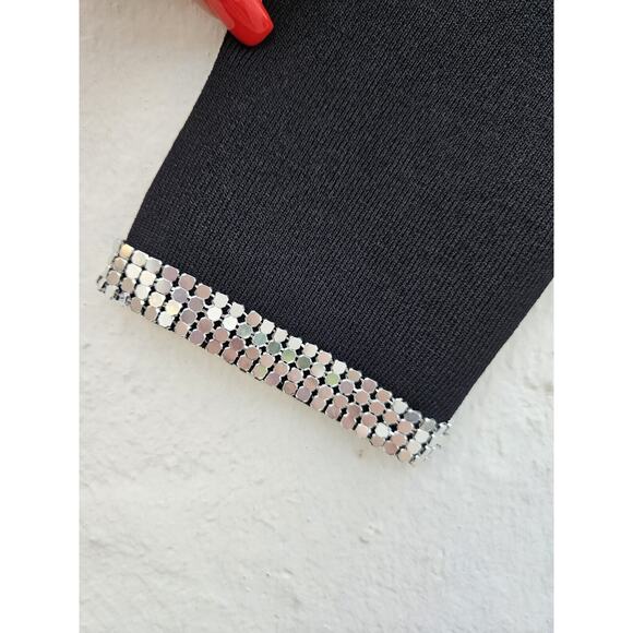 Vintage Y2K 90s Top Medium Black Nylon Spandex Ribbed Flare Cold Shoulder Sequin - Picture 6 of 10